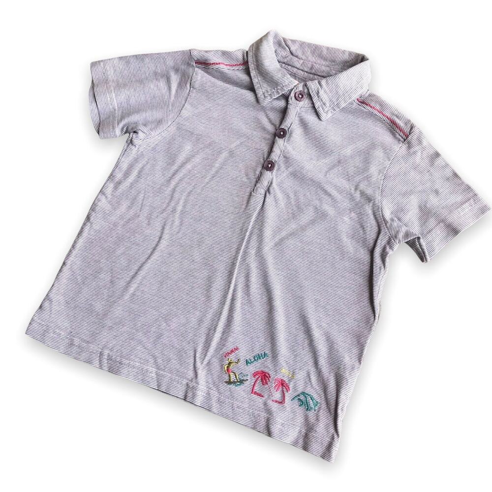DPAM Boys Polo Shirt Size 3 Gray Pinstripe Tropical Theme Palm Trees Embroidered